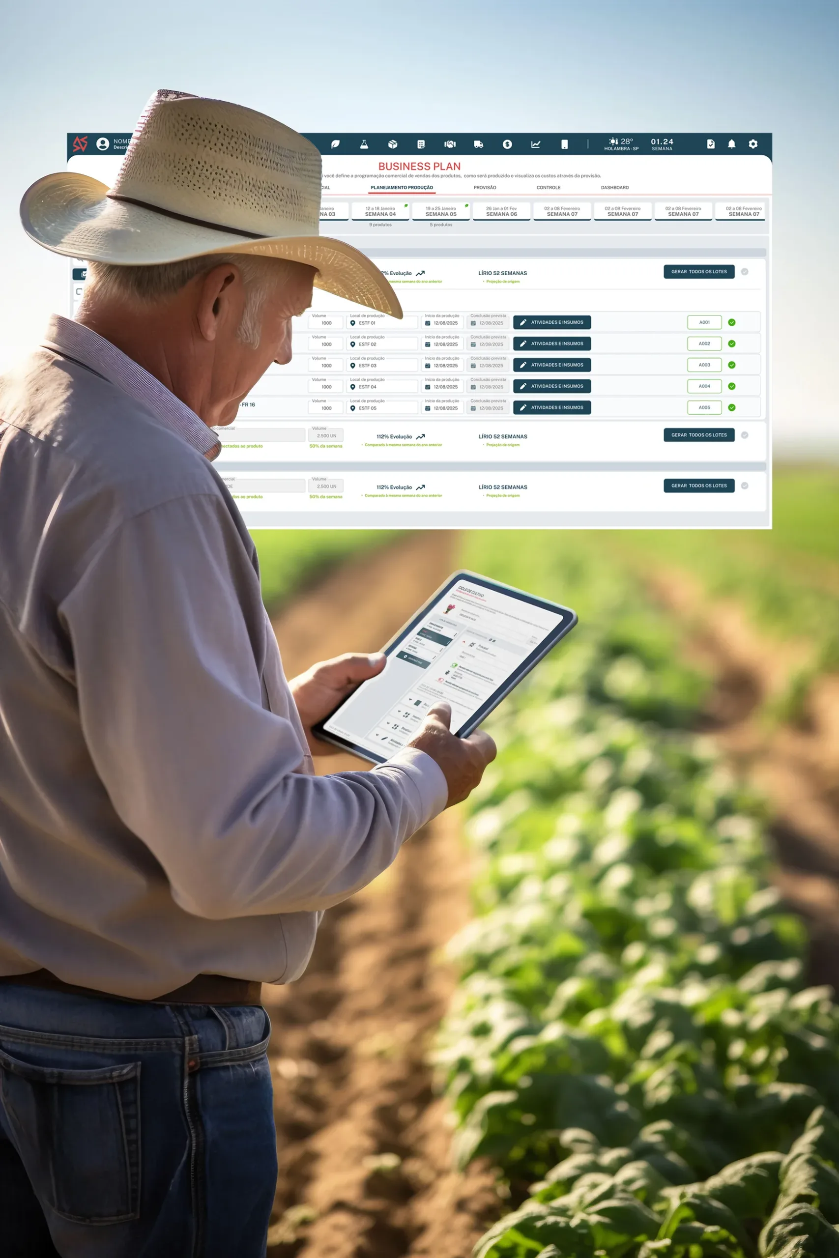 Produtor rural usando tablet com sistema de gestão agrícola em lavoura, representando digitalização e eficiência no agronegócio.