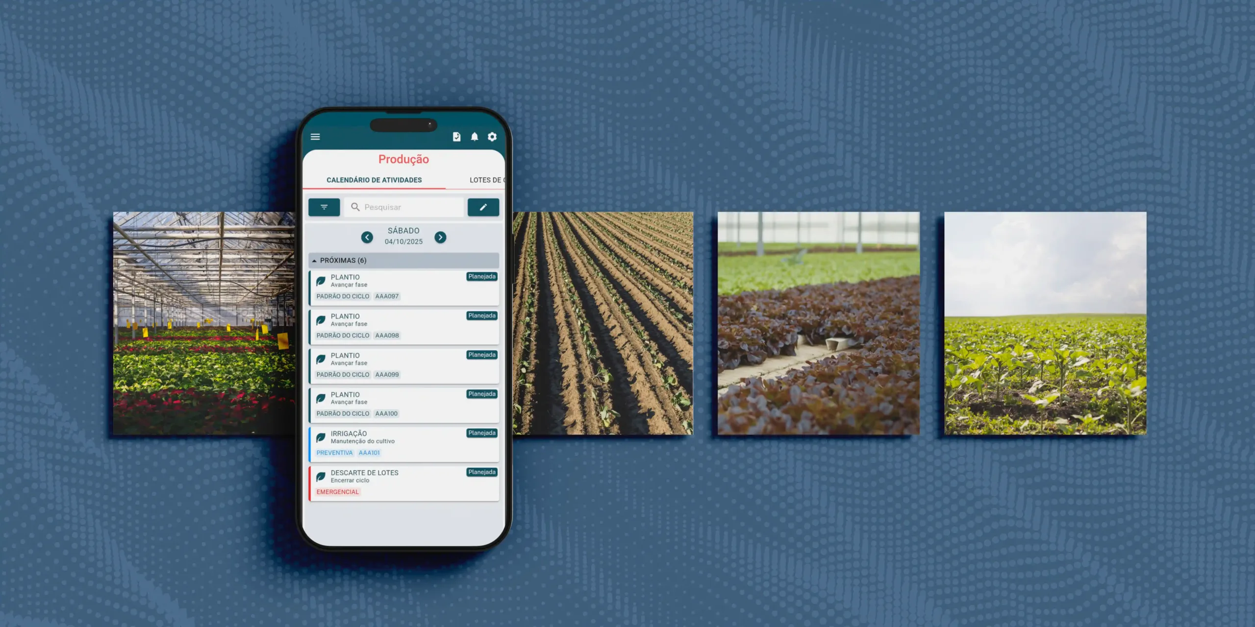 Aplicativo de gestão agrícola mostrando o calendário de atividades de produção no campo.