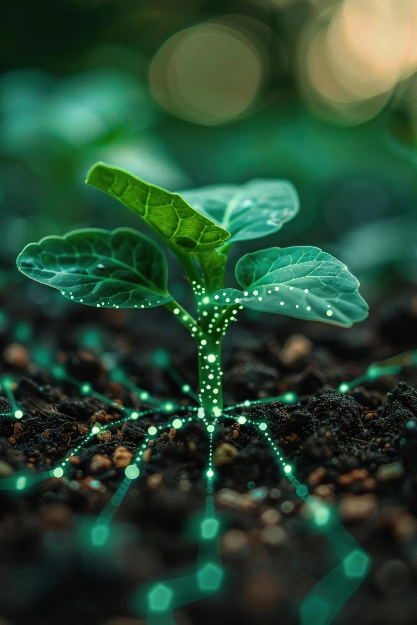 Muda de planta crescendo no solo com elementos gráficos digitais representando conectividade e análise de dados agrícolas.