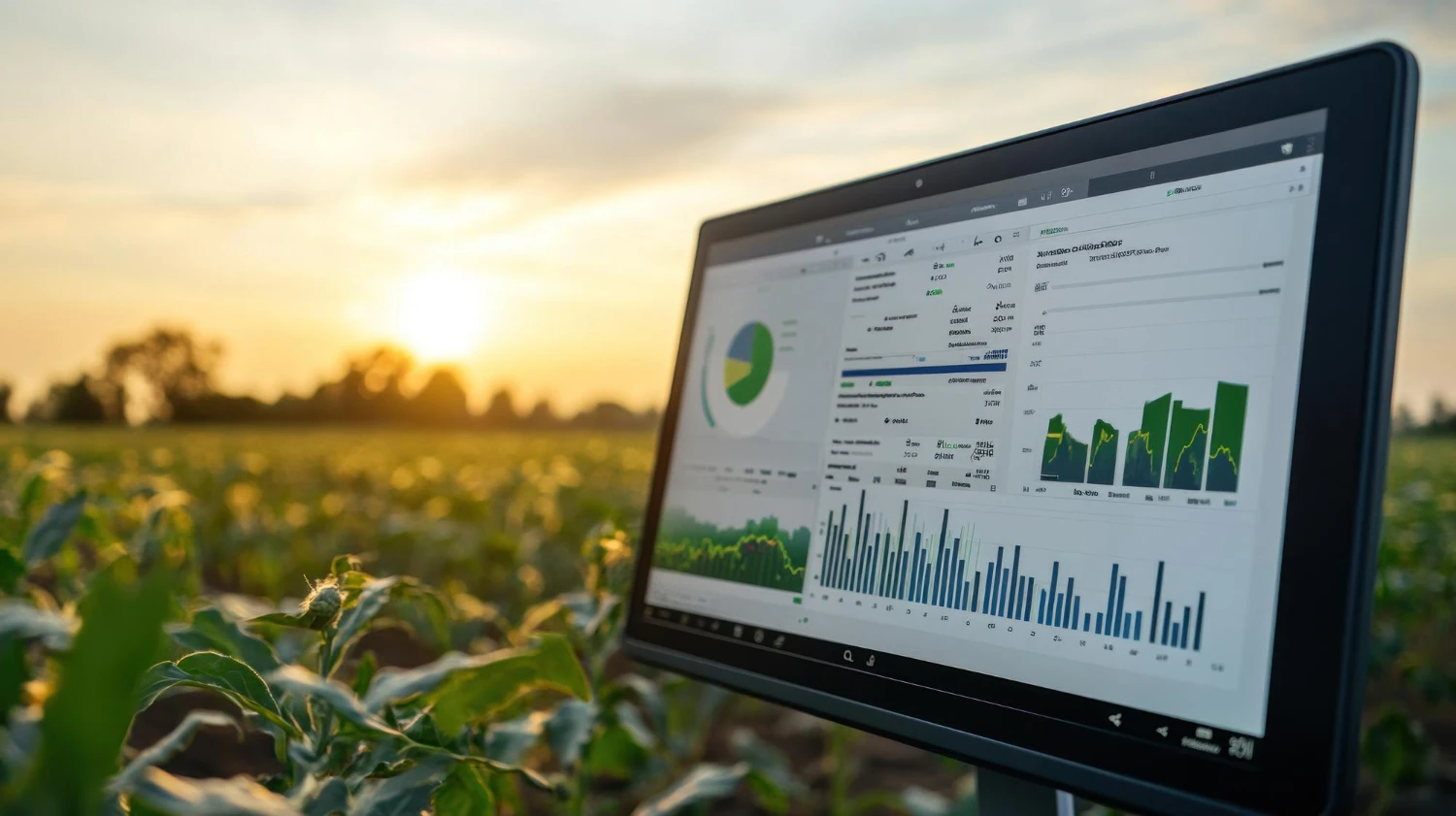 Tela de computador mostrando gráficos e indicadores de produtividade em meio a uma plantação ao pôr do sol.