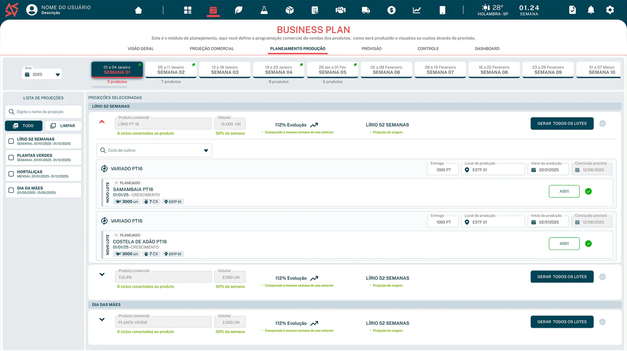 Tela de planejamento de produção agrícola com projeções semanais de produtos, ciclos de cultivo e programação de entregas por lote.