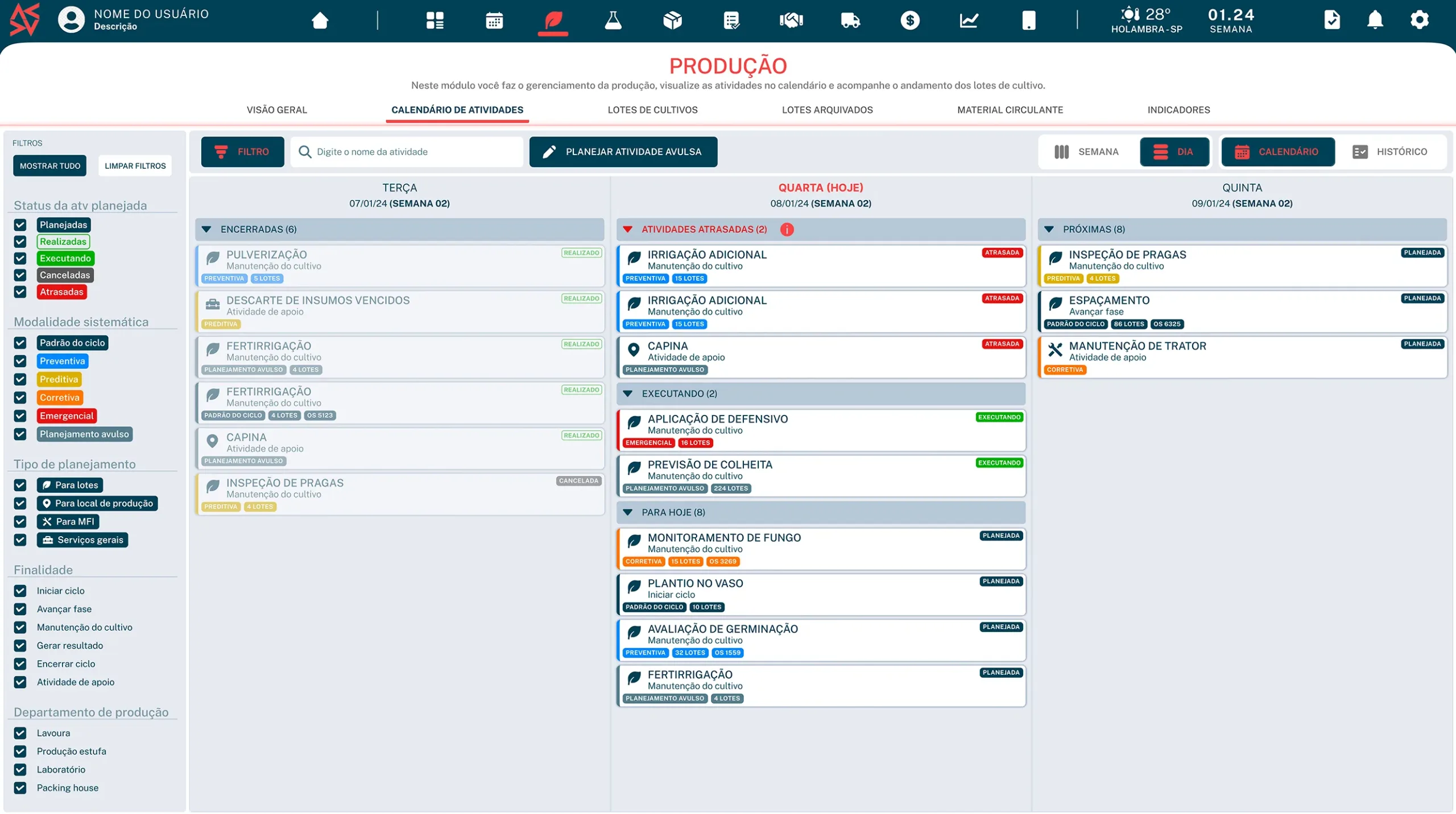 Tela do calendário de atividades agrícolas com tarefas planejadas, em execução e atrasadas organizadas por dia e tipo de manutenção.