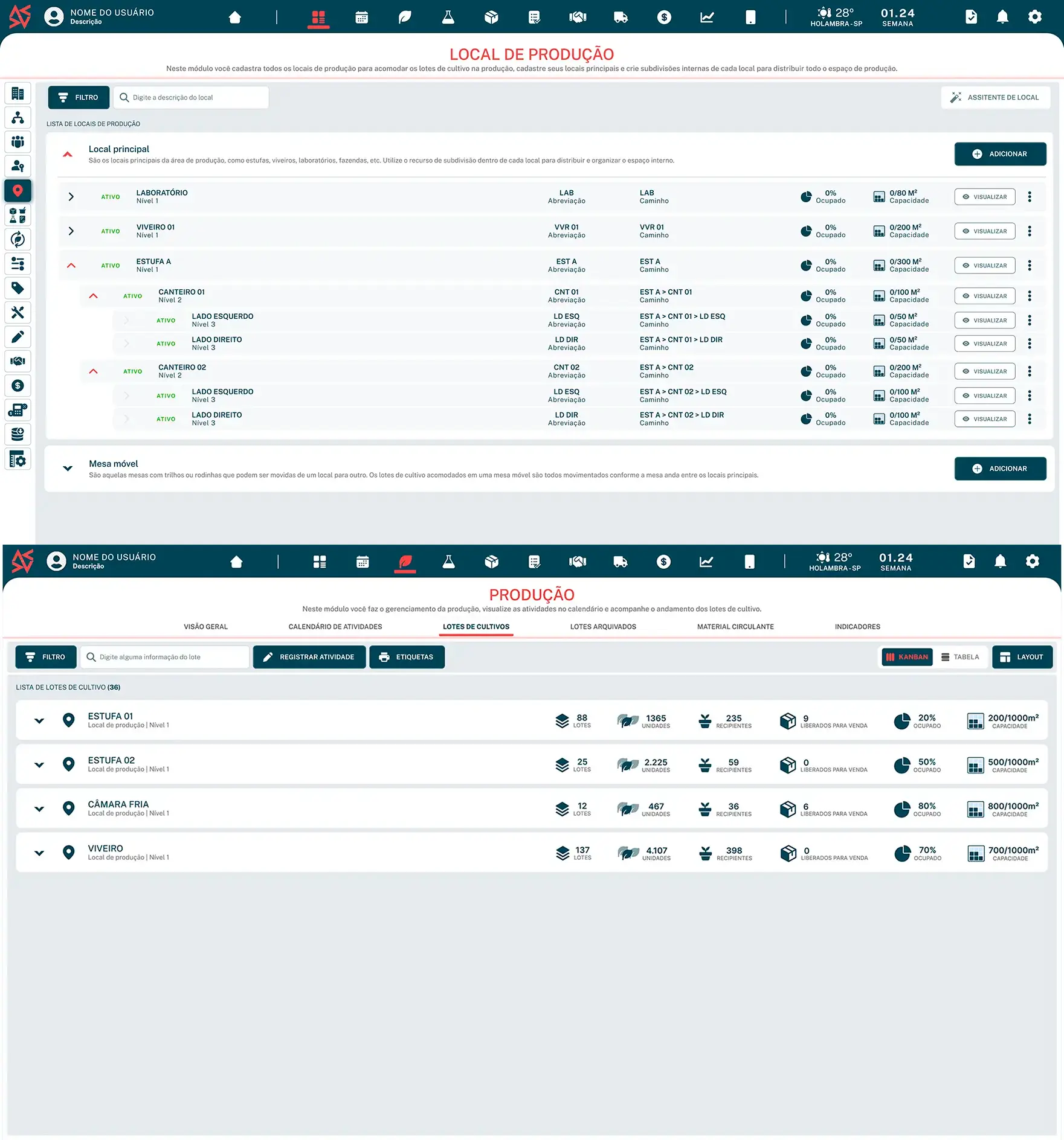 Tela do sistema de gestão agrícola mostrando os locais de produção e os lotes de cultivo ativos, com dados como temperatura, umidade, produção e produtividade.