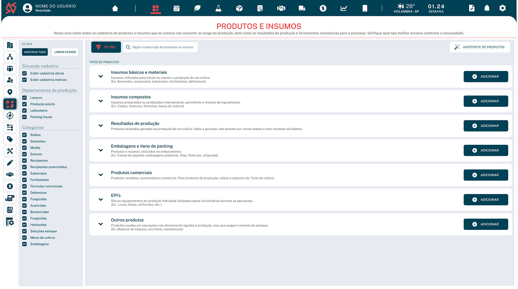 Tela do sistema de gestão agrícola exibindo categorias de produtos e insumos utilizados na produção, como materiais básicos, EPI's e itens de embalagem.